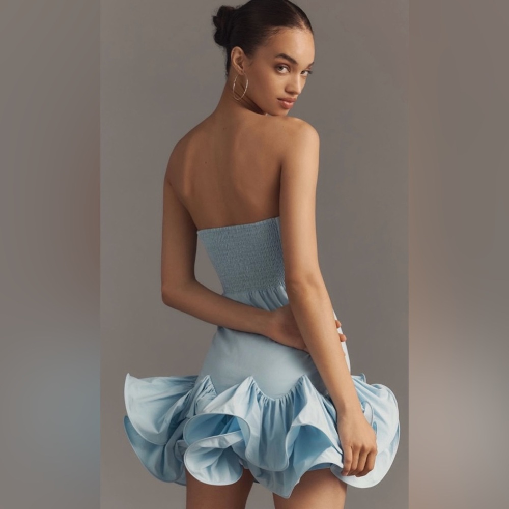 ANTHROPOLOGIE MAEVE STRAPLESS RUFFLE MINI DRESS COLOR SKYRIDE SIZE L NWT - Picture 6 of 11